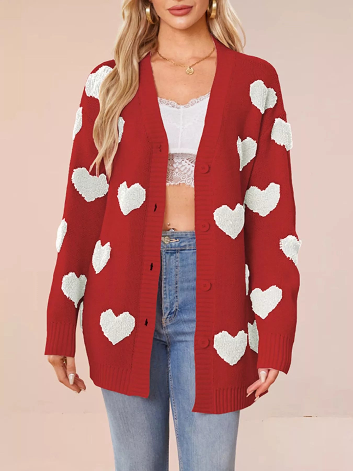 Trendsi Heart Pattern V-Neck Button-Down Knit Cardigan -