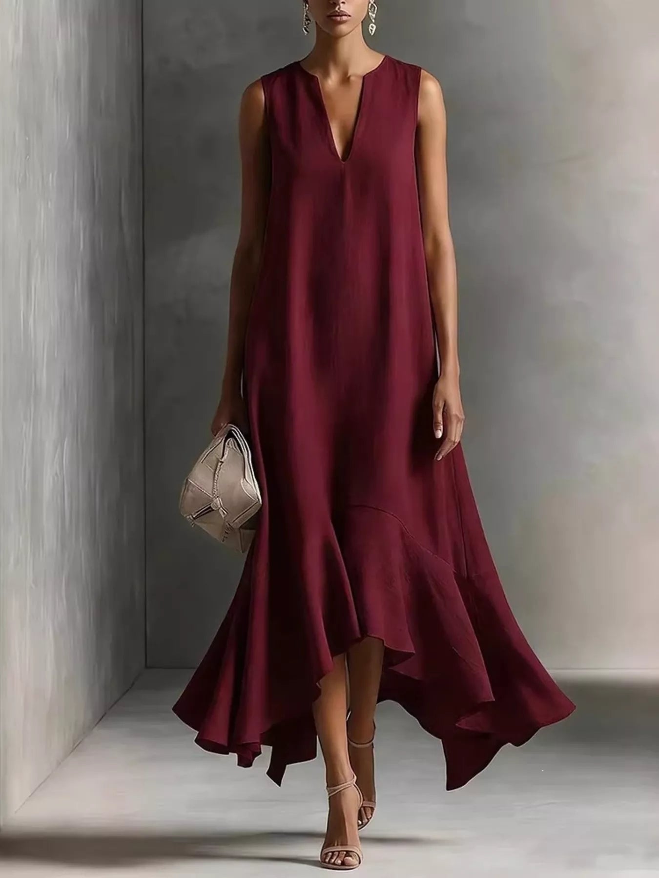 Trendsi Ruffled Hem Sleeveless Notched Dress -