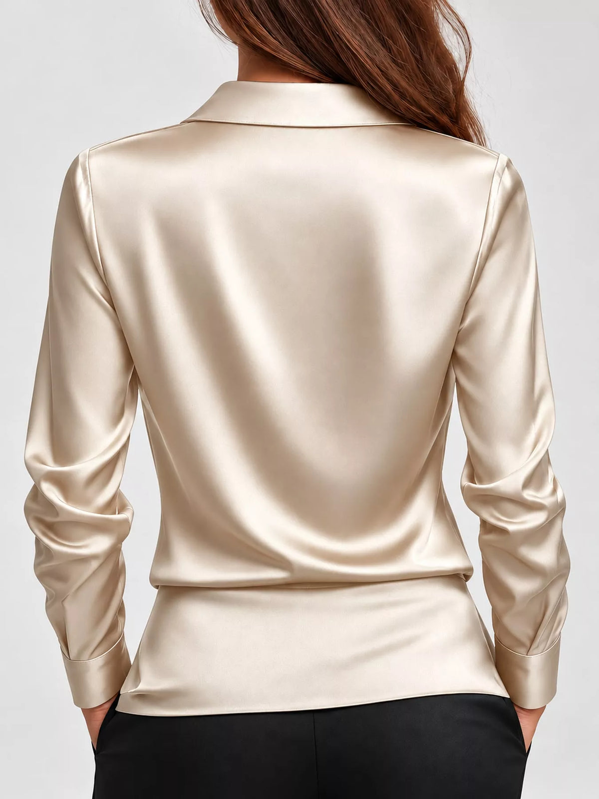 Champagne satin cowl neck blouse, back view