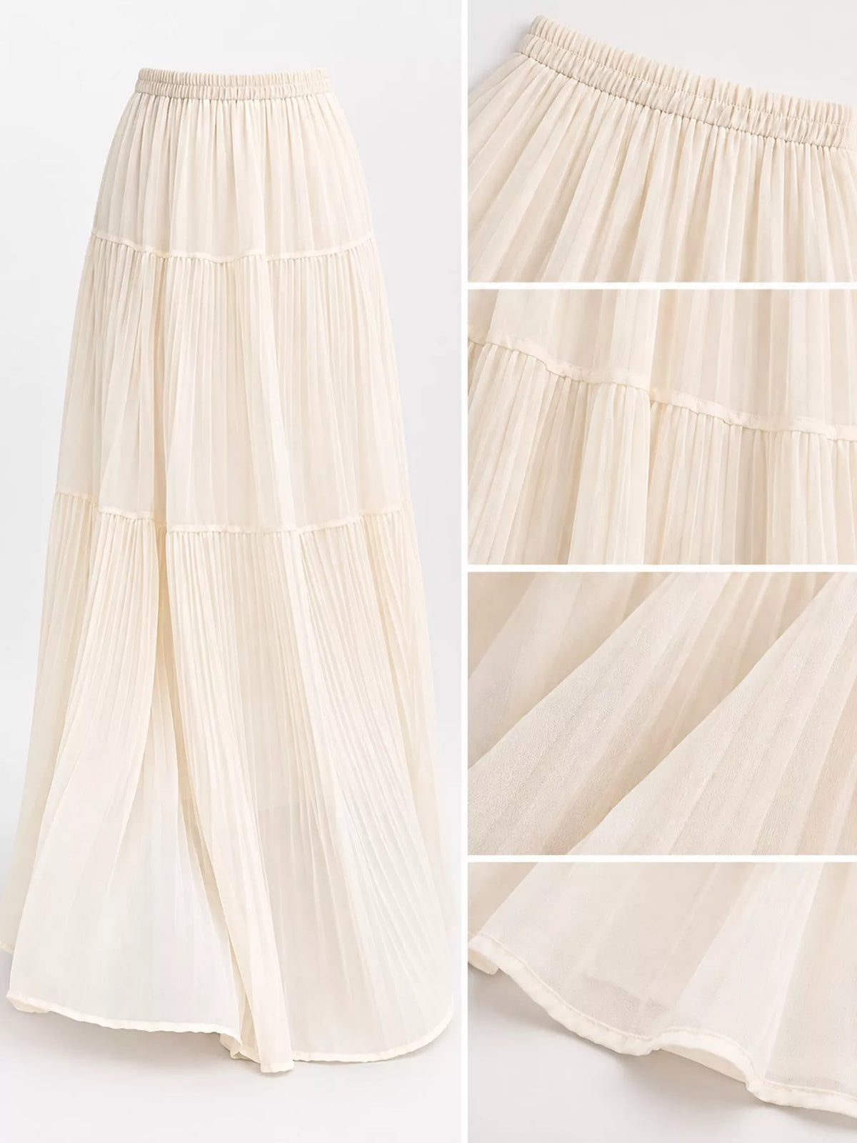 High-Waisted Tiered Pleated Maxi Skirt, waist and pleat details