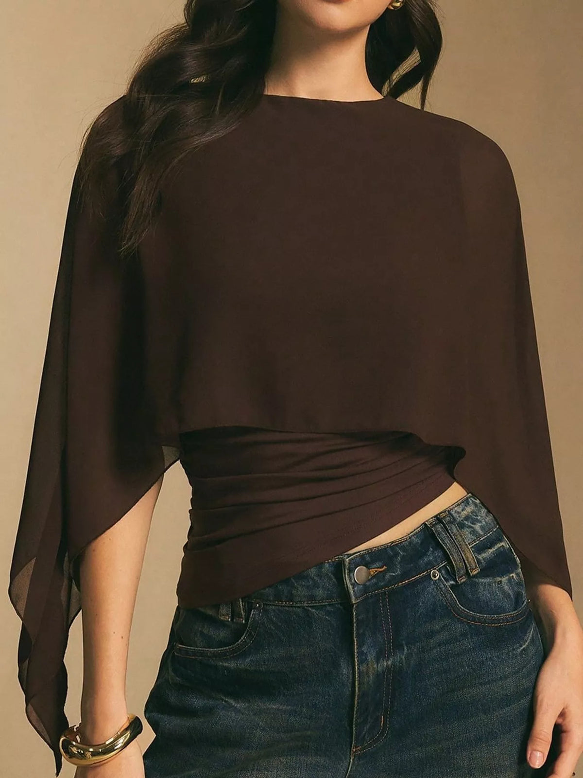 Coffee cape sleeve round neck blouse