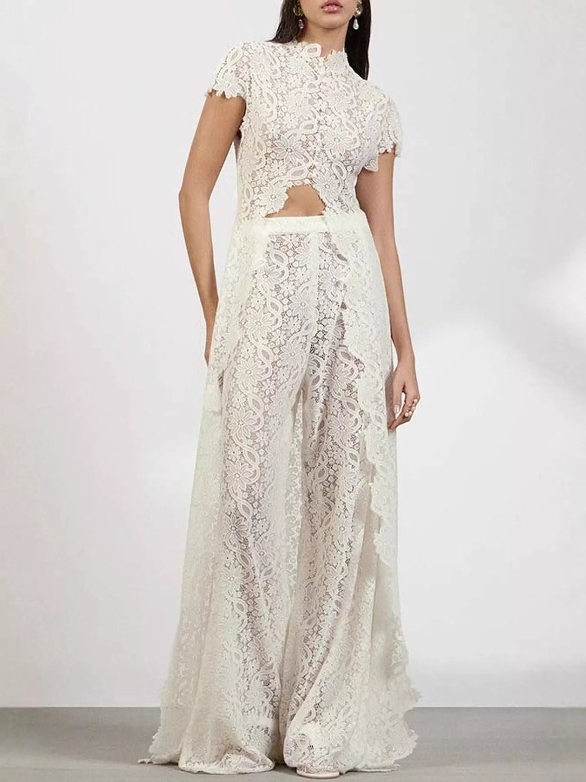 White-Set lace short sleeve top and pants set