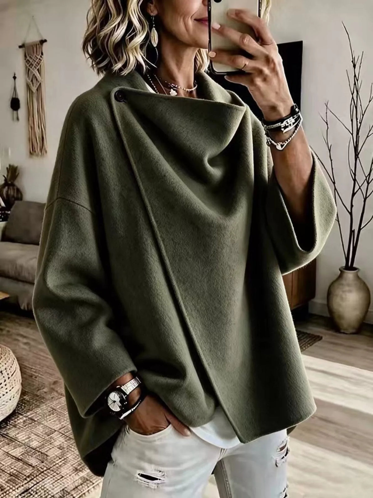 Green asymmetric cowl neck cape-style jacket