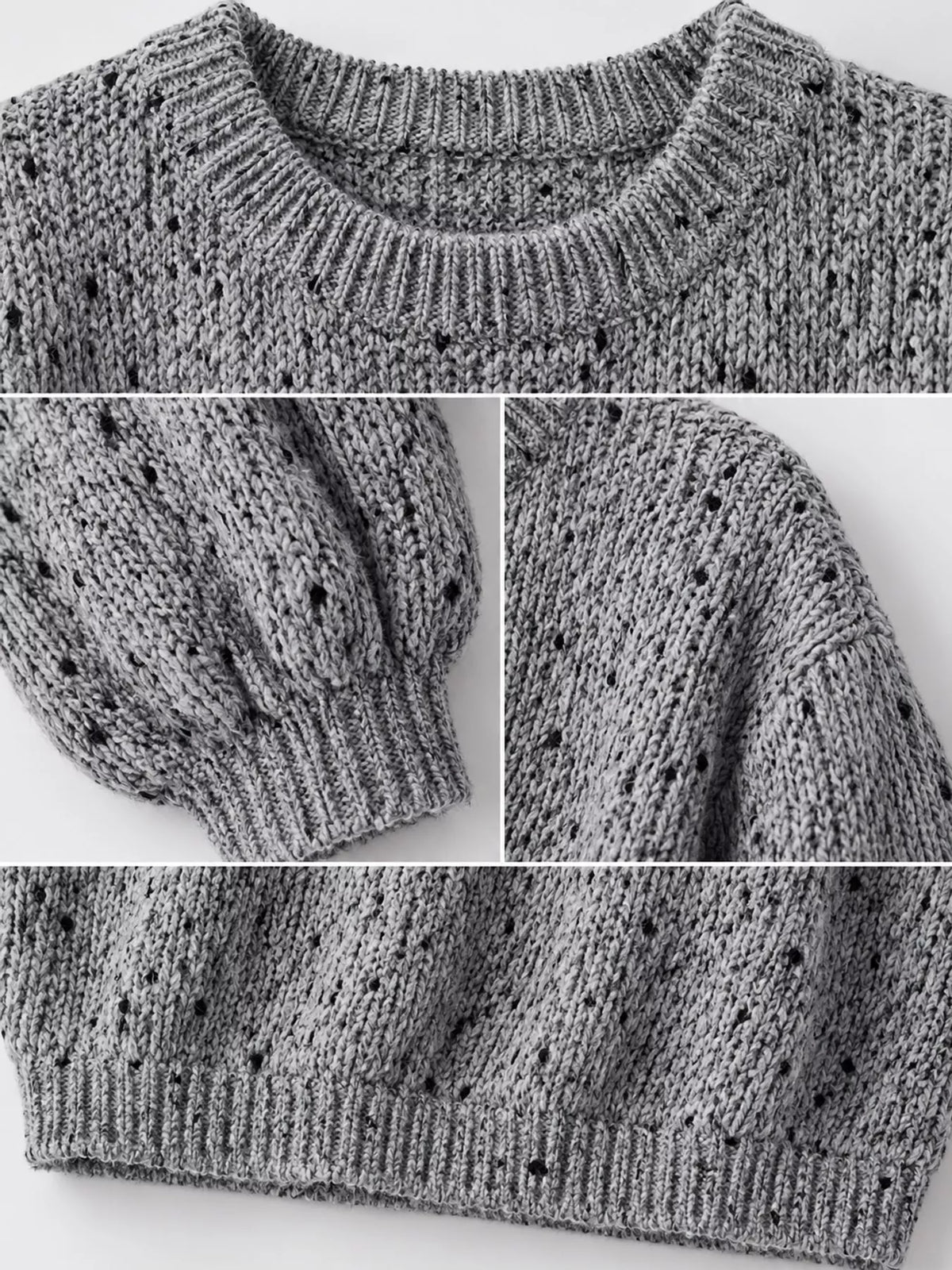 Gray chunky knit round neck sweater, detail view