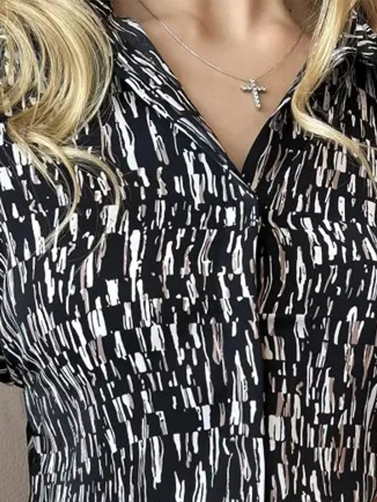 Button-up shirt, black abstract neckline