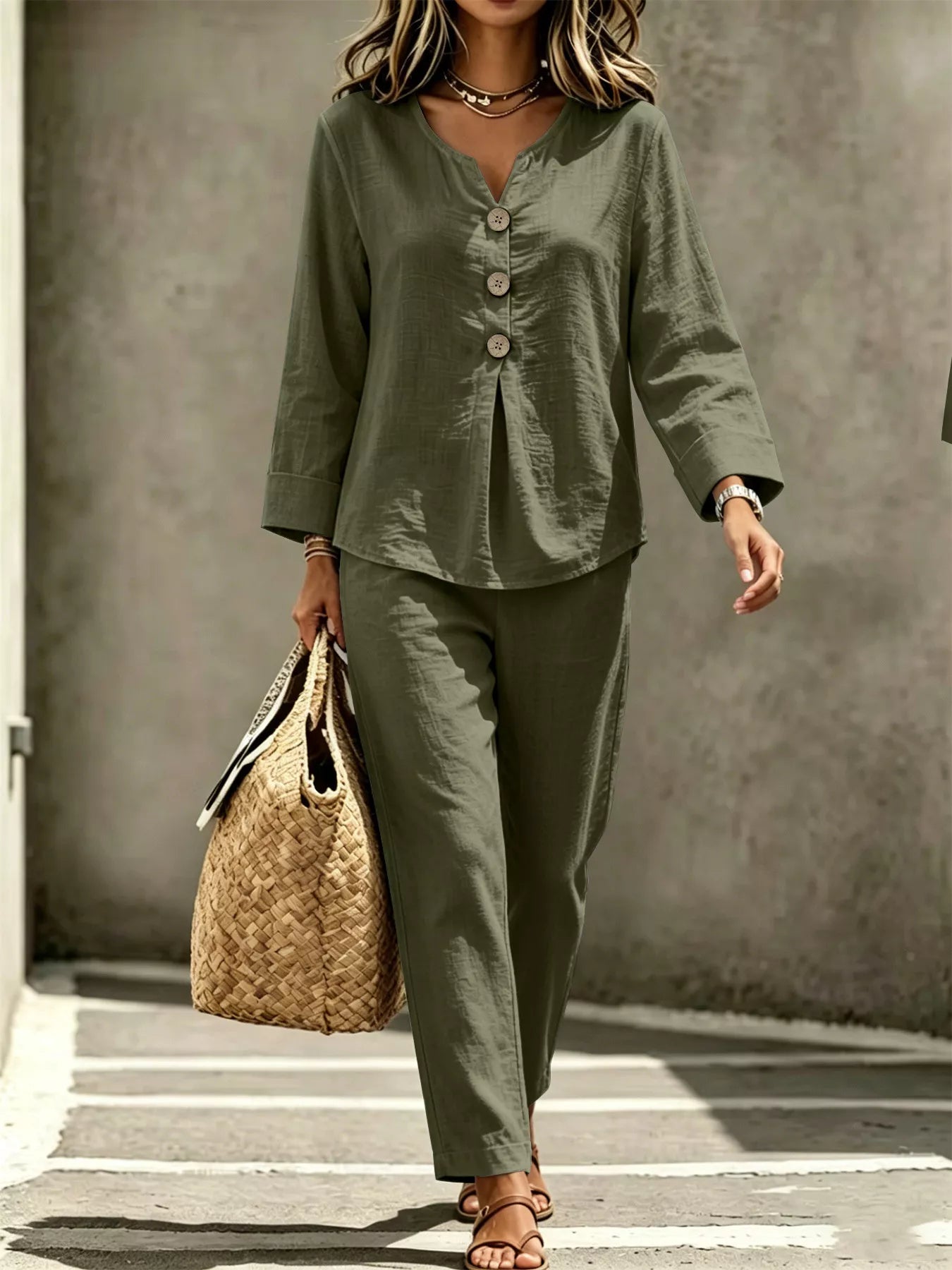 Trendsi Button Detail Long Sleeve Top and Pants Set -