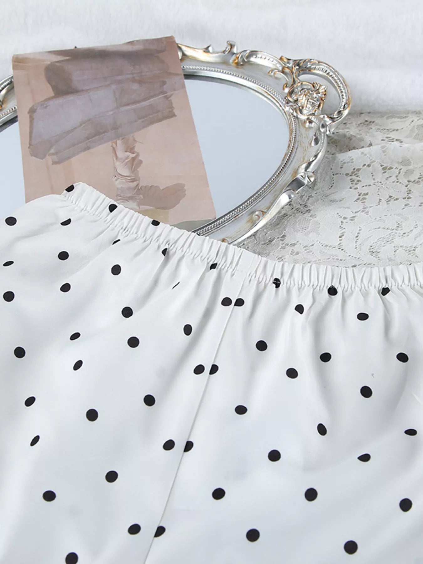 Trendsi Polka Dot Lace Trim Cami & Cardigan and Shorts Set -