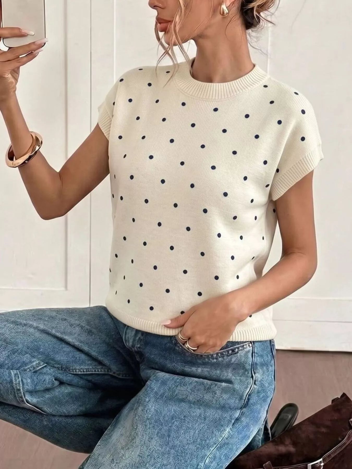 Trendsi Polka Dot Short Sleeve Knit Sweater -