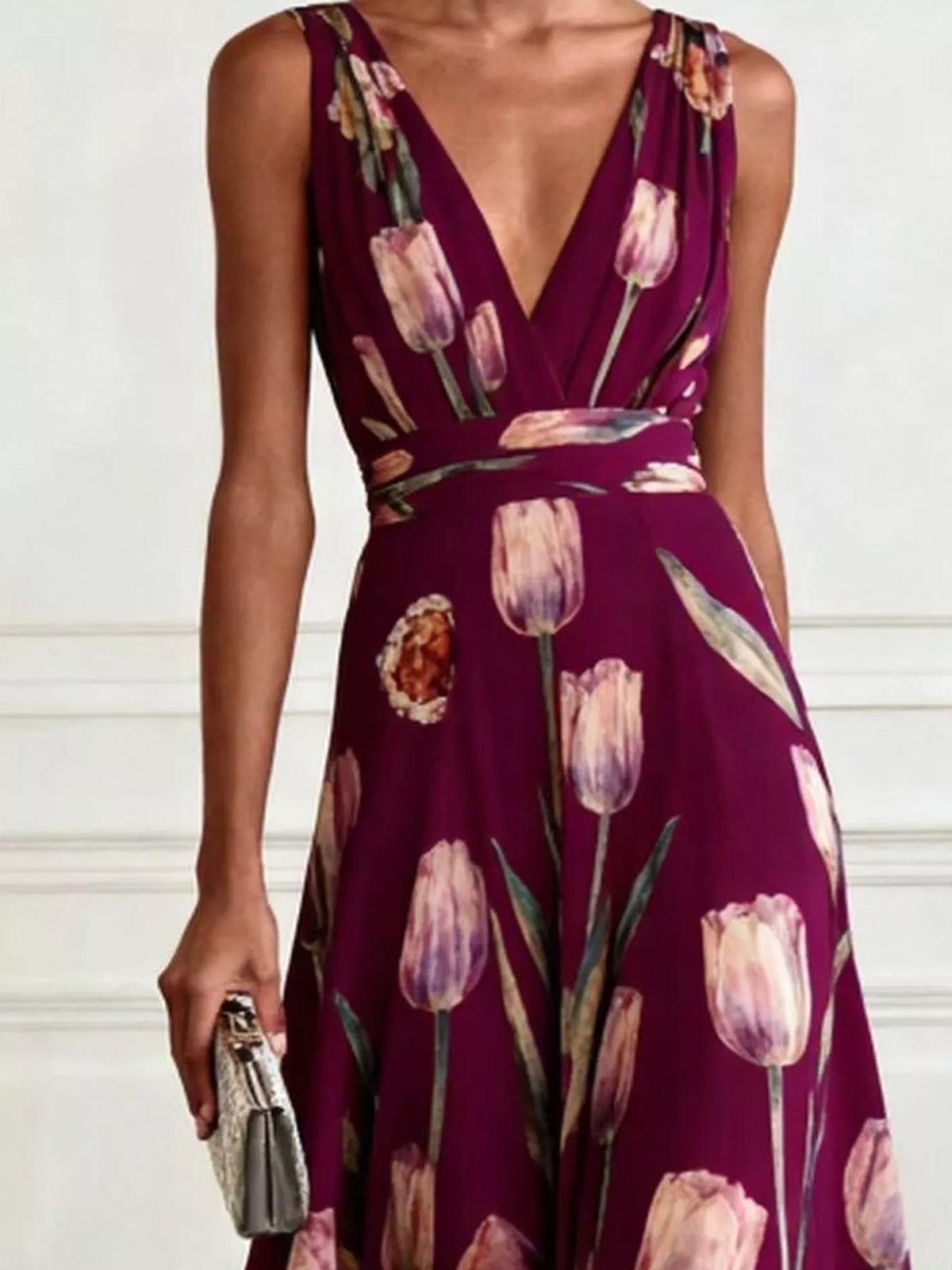 Women's Sleeveless Floral Print Maxi Dress in burgundy floral — bodice detail view