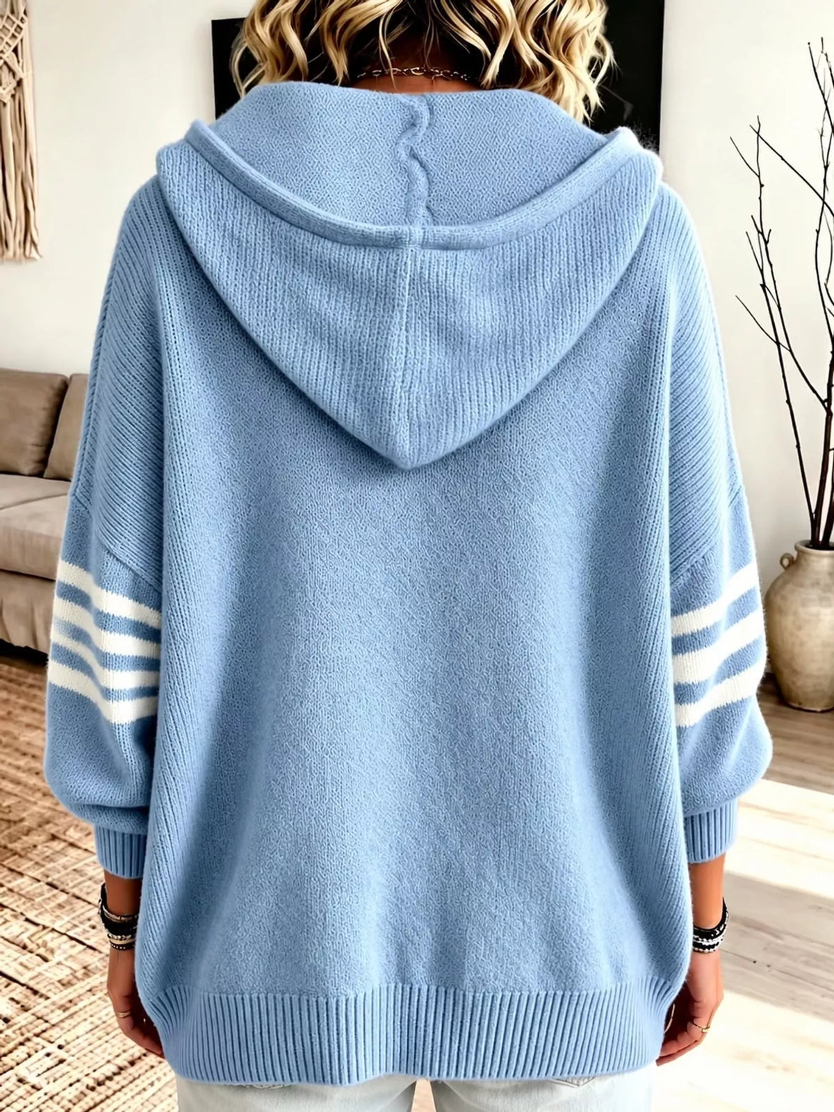 Light Blue hooded zip-up knit cardigan, back view