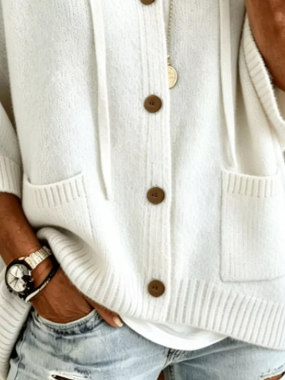 Trendsi Full Size Casual Hooded Button-Down Knit Cardigan with Pockets Plus Size -