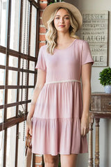 Trendsi Heimish Full Size Solid Mini Tiered Dress with Pompom Lace Plus Size -