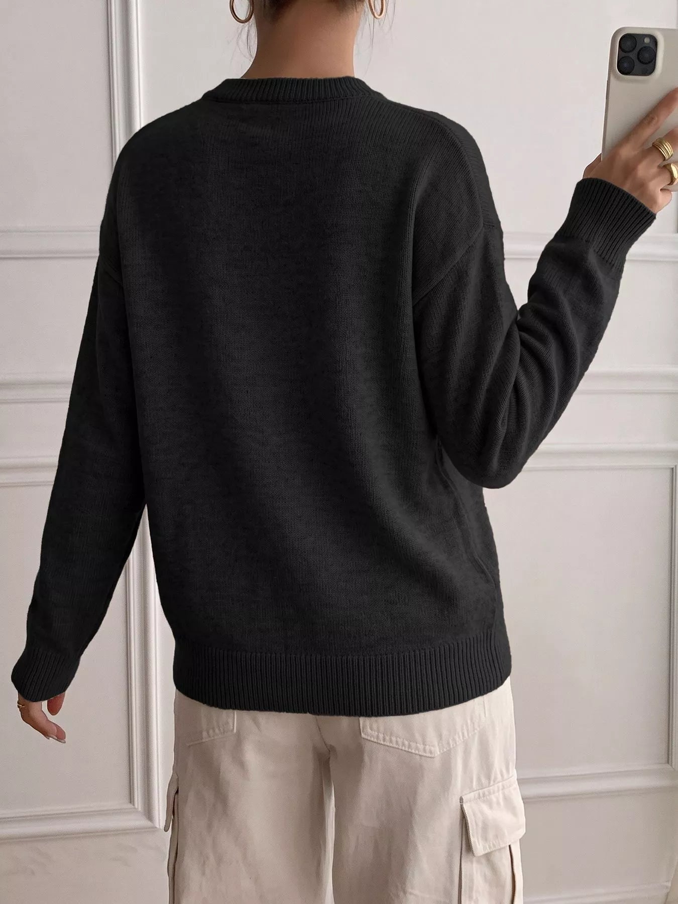 Trendsi Decor Button-Placket Ribbed Knit Sweater -