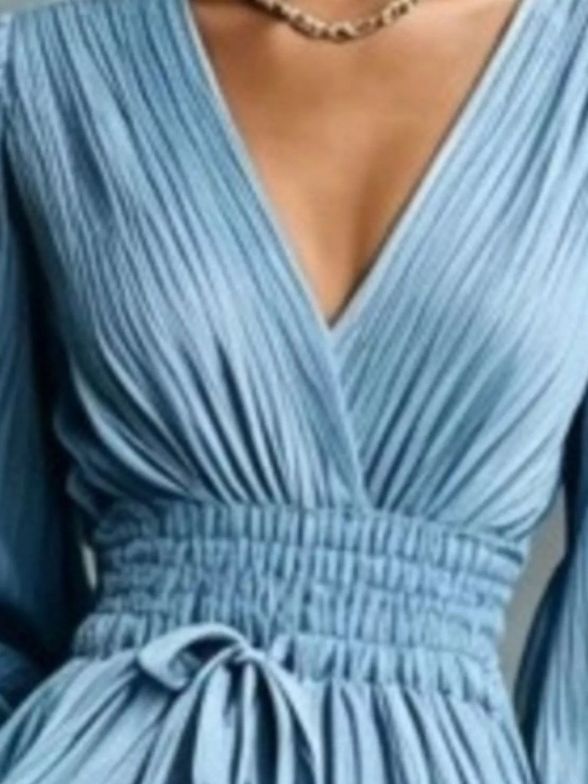 Blue pleated v-neck tie-waist maxi dress, V-neck and waist detail.