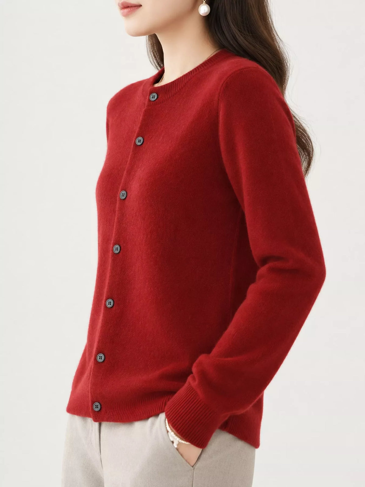 Red crew neck button-front cardigan