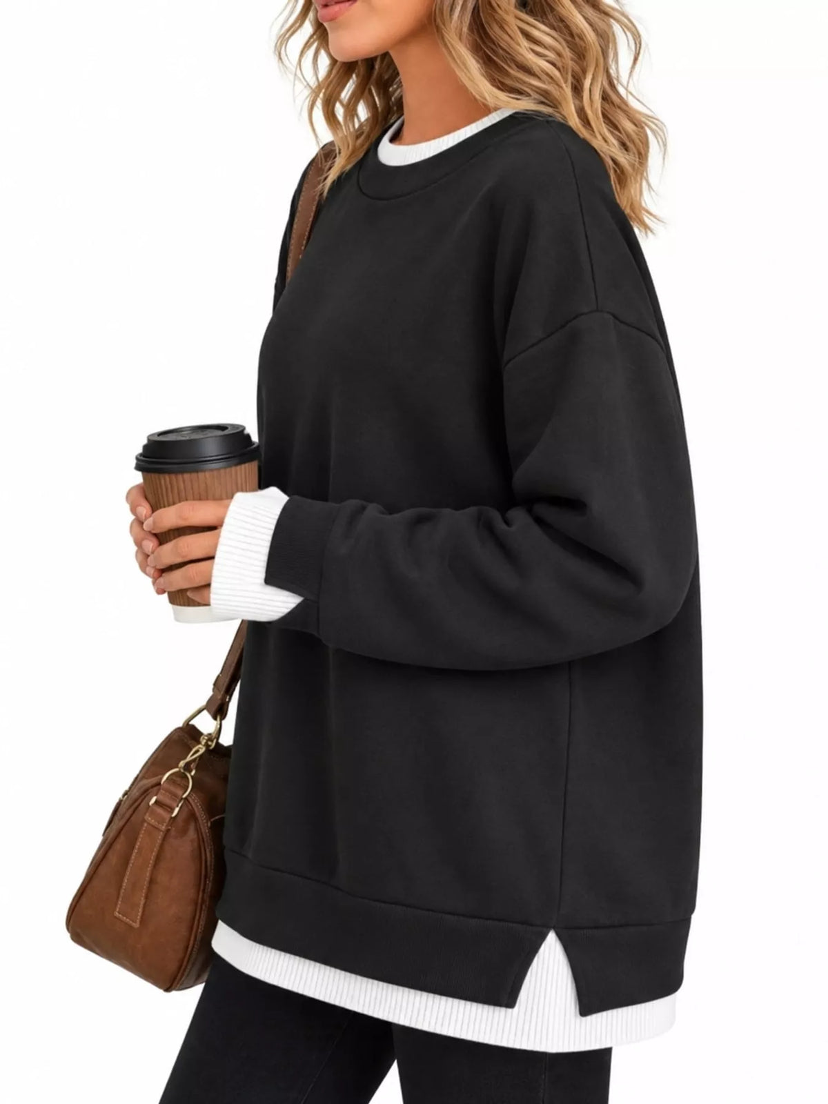 Layered Look Crew Neck Sweatshirt in black, side view