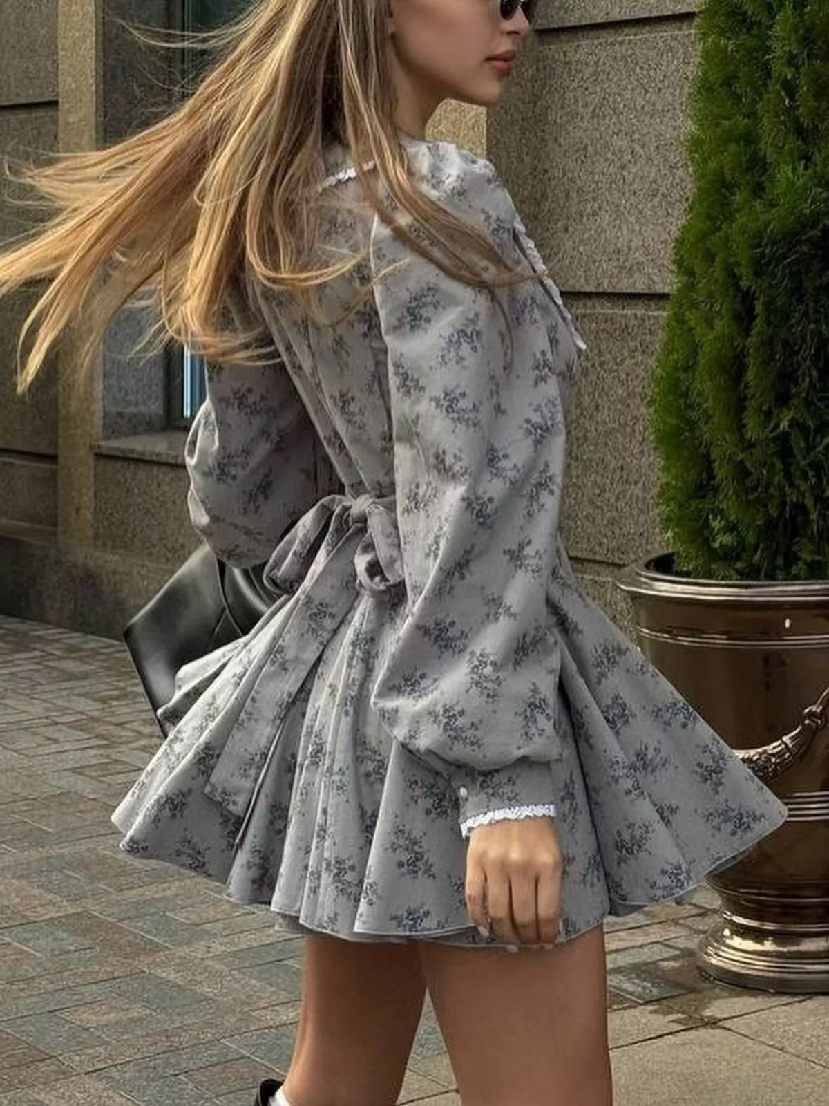 Dark Gray Floral Puff-Sleeve Button-Front Midi Dress side lifestyle view