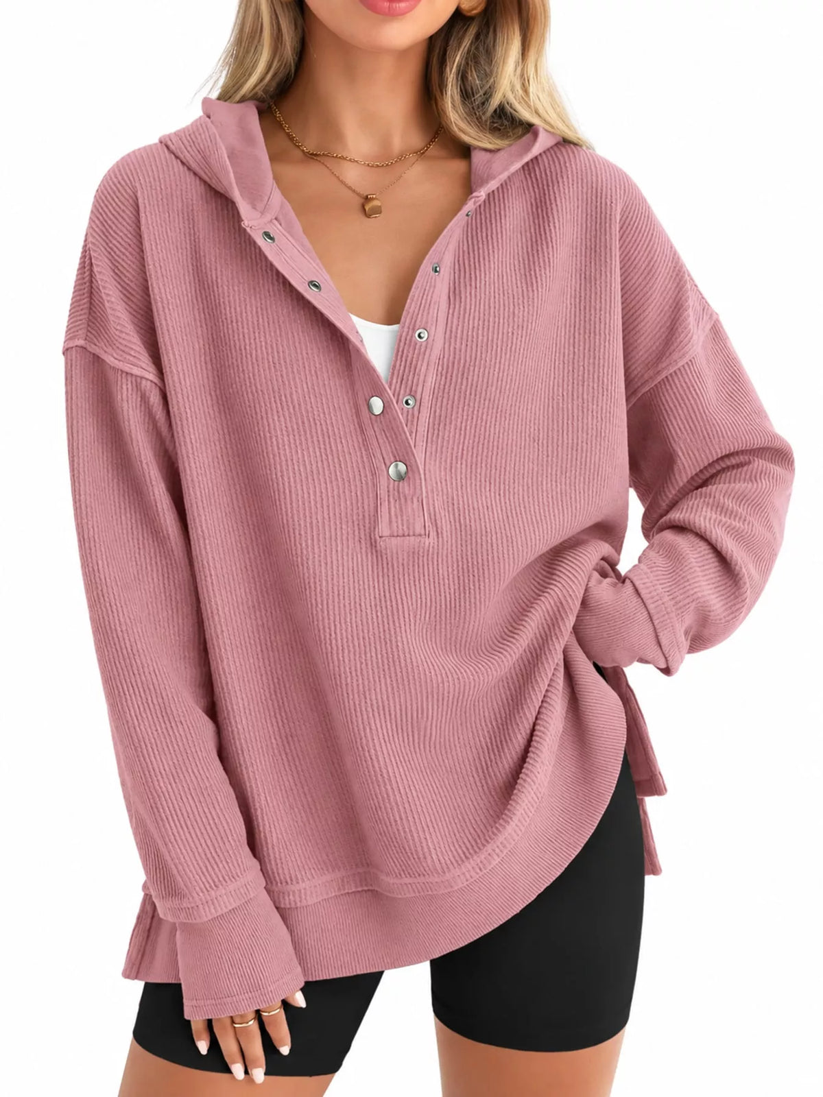 Women's Snap Button Placket Dropped Shoulder Hoodie in pink — front view