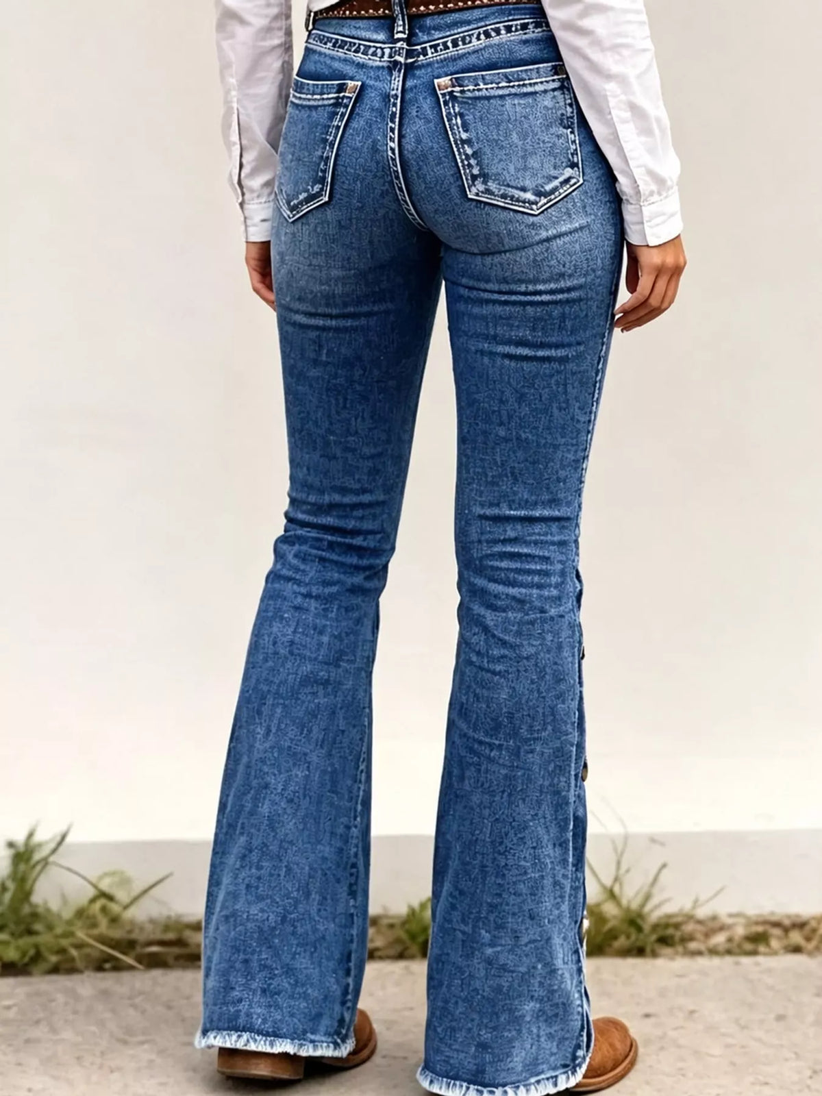 Button-Side Flare Jeans in dark blue, back view