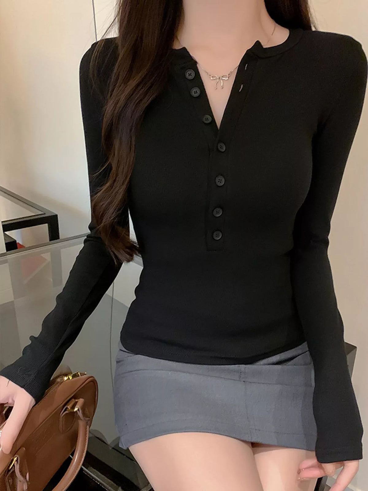Button Detail Long Sleeve T-Shirt in black