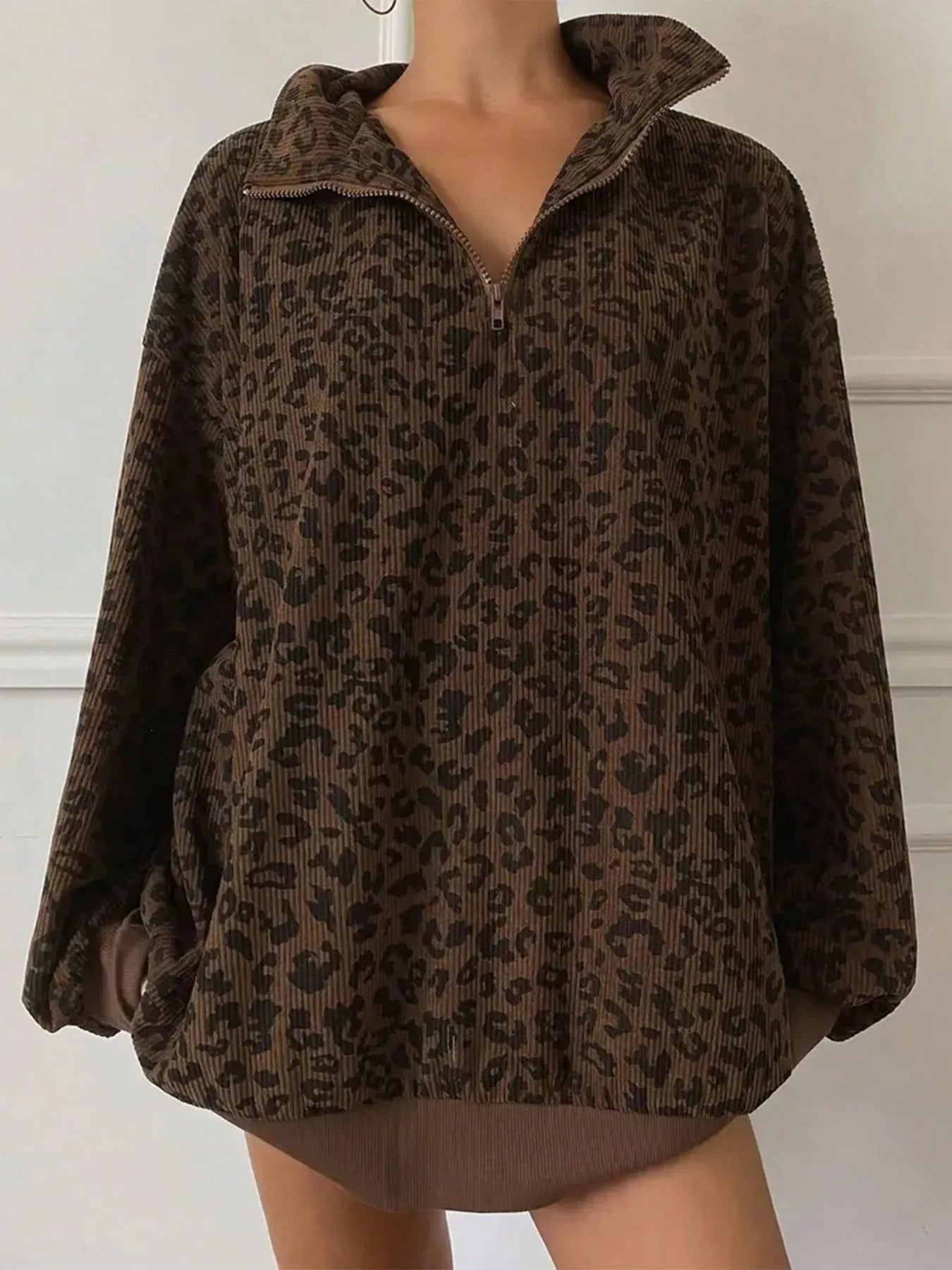 Trendsi Leopard Print Quarter-Zip Sweatshirt -