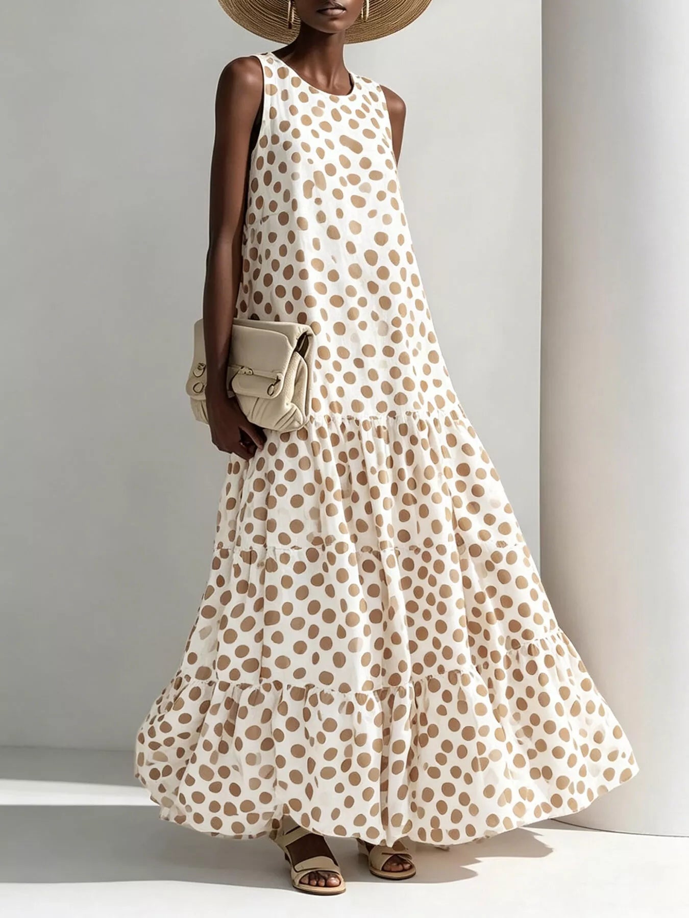 Trendsi Polka Dot Sleeveless Tiered Maxi Dress -