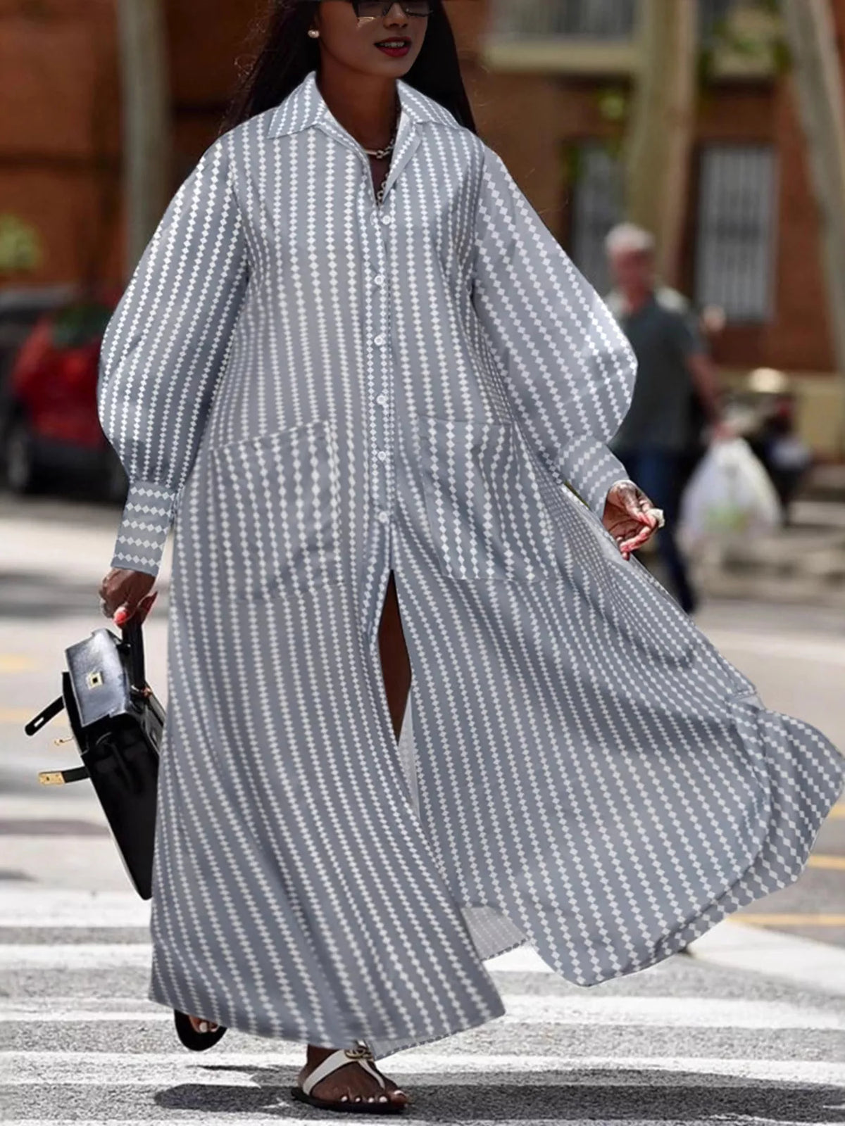 Gray and white striped maxi shirt dress, front outdoor view