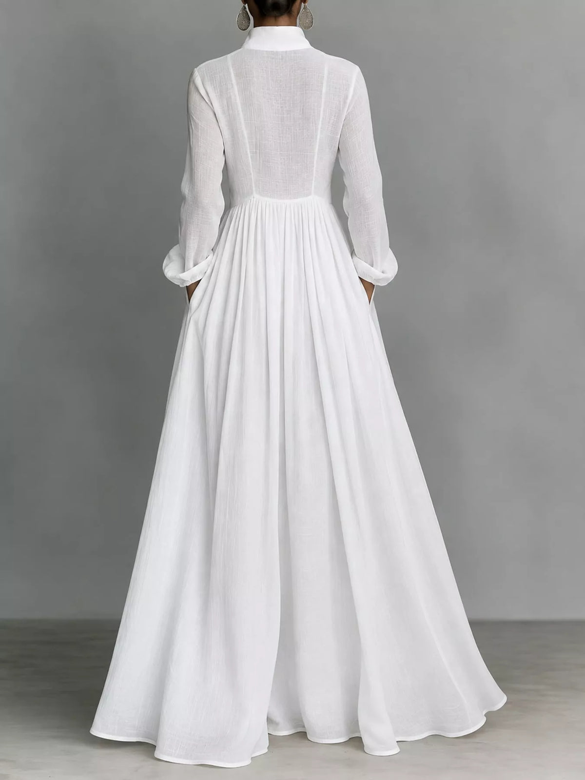 White long sleeve button-front maxi dress, back view