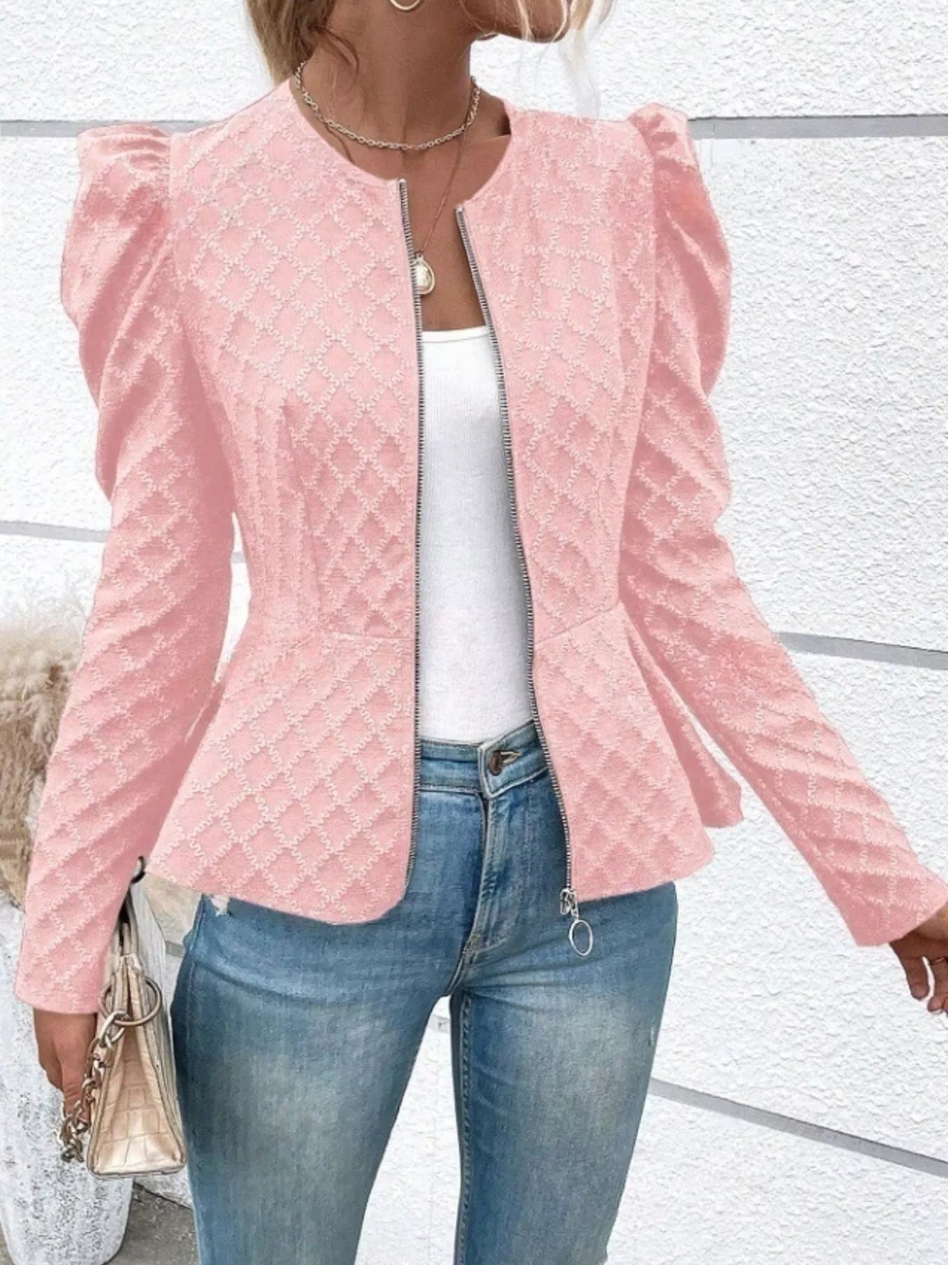 Trendsi Puff Sleeve Textured Jacquard Jacket -