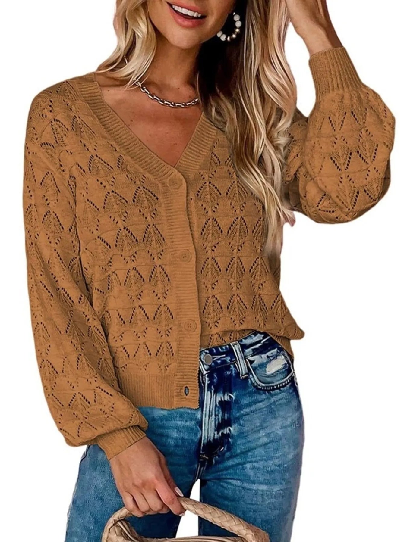 Trendsi Chic V-Neck Openwork Button-Down Knit Cardigan -