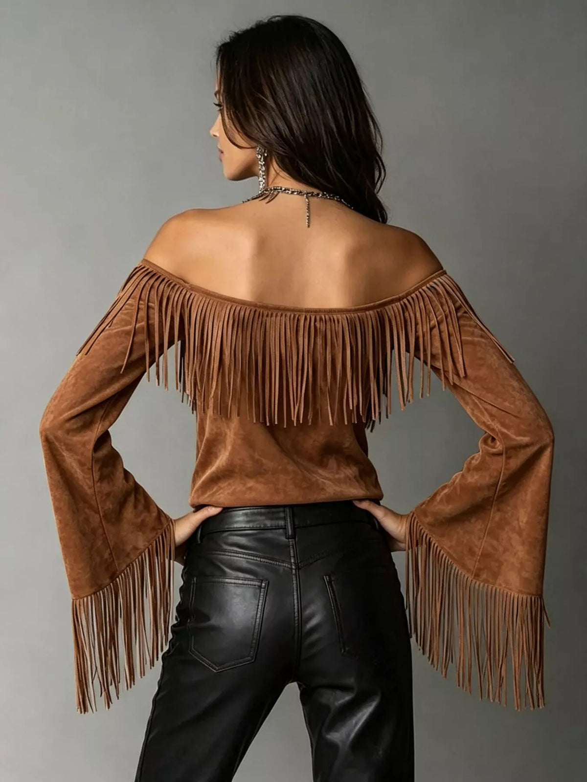 Fringed Off-Shoulder T-Shirt in brown, back view