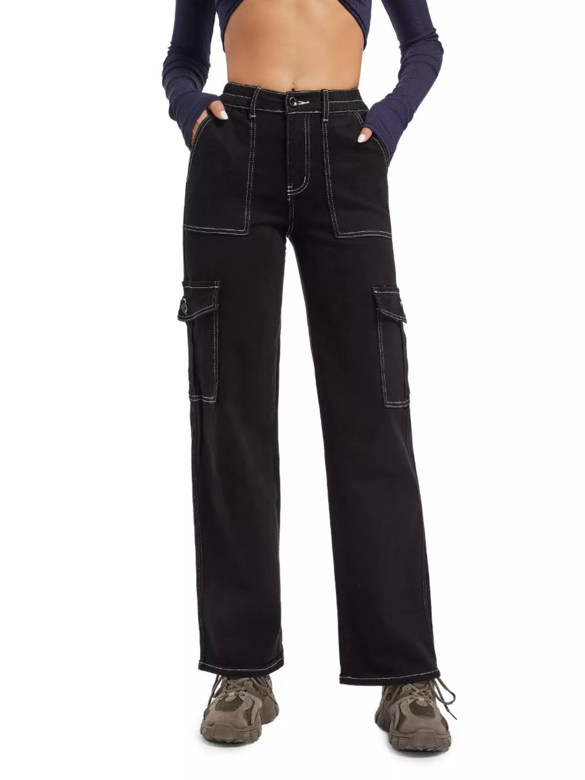 Black wide-leg cargo jeans, front view