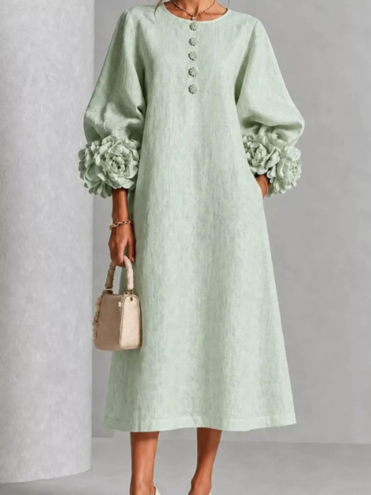 Trendsi 3D Floral Round Neck Midi Dress -