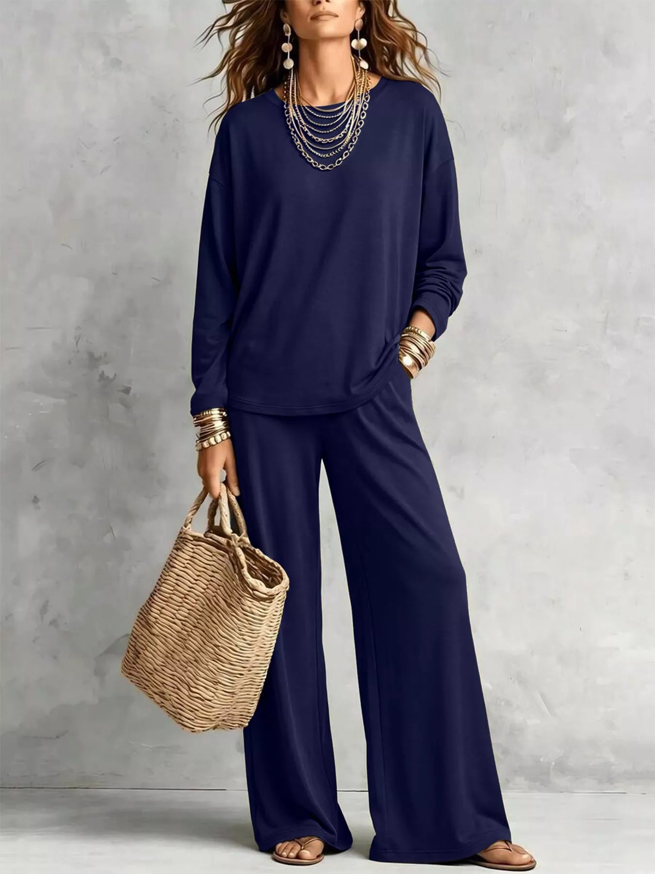 Trendsi Round Neck T-Shirt and Wide-Leg Pants Set -