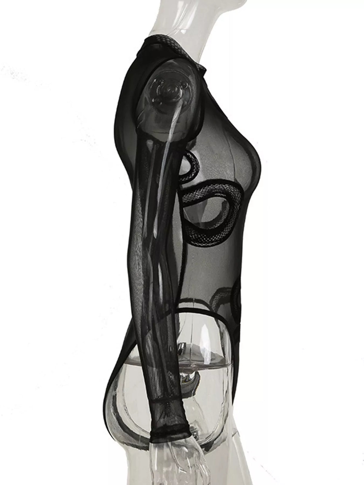 Black sheer mesh snake-motif bodysuit, side view