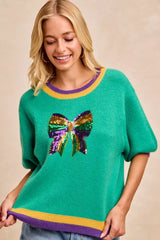 Trendsi BiBi Mardi Gras Sequin Ribbon Patched Sweater -