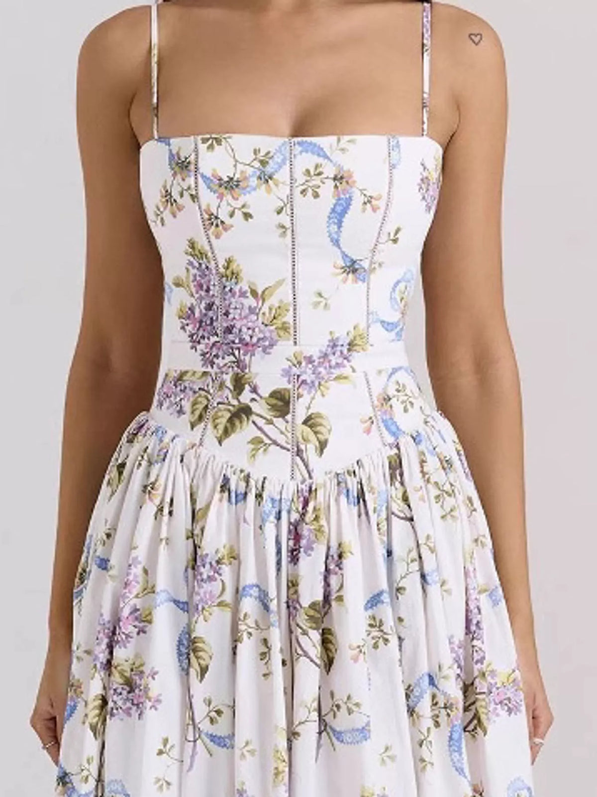 Women's Paneled Bodice Gathered Midi Dress in blue floral — bodice detail view