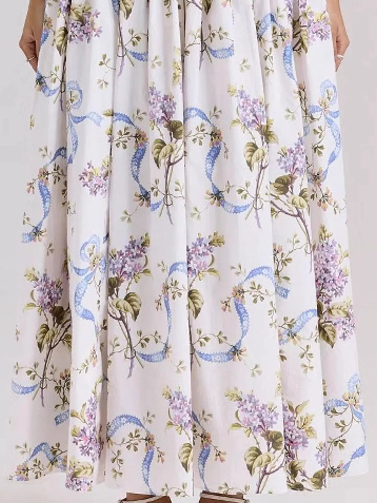Women's Paneled Bodice Gathered Midi Dress in blue floral — print detail view