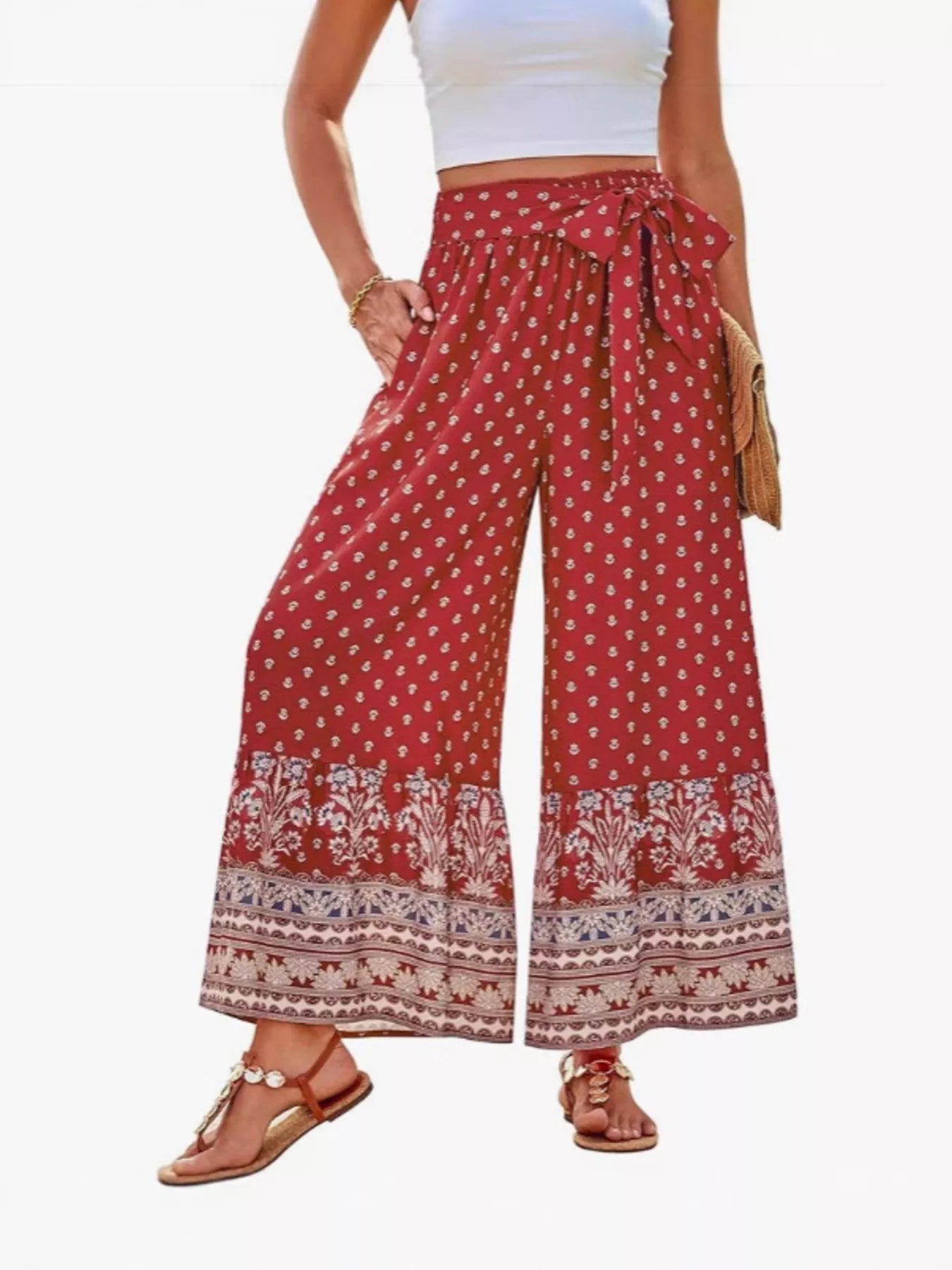 Trendsi Full Size Tie Waist Wide-Leg Printed Pants Plus Size -