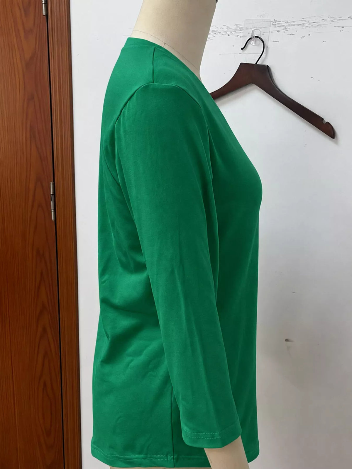 Green v-neck half sleeve t-shirt, detail view
