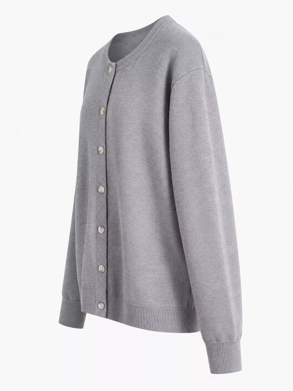 Gray crew neck button down knit cardigan, side view