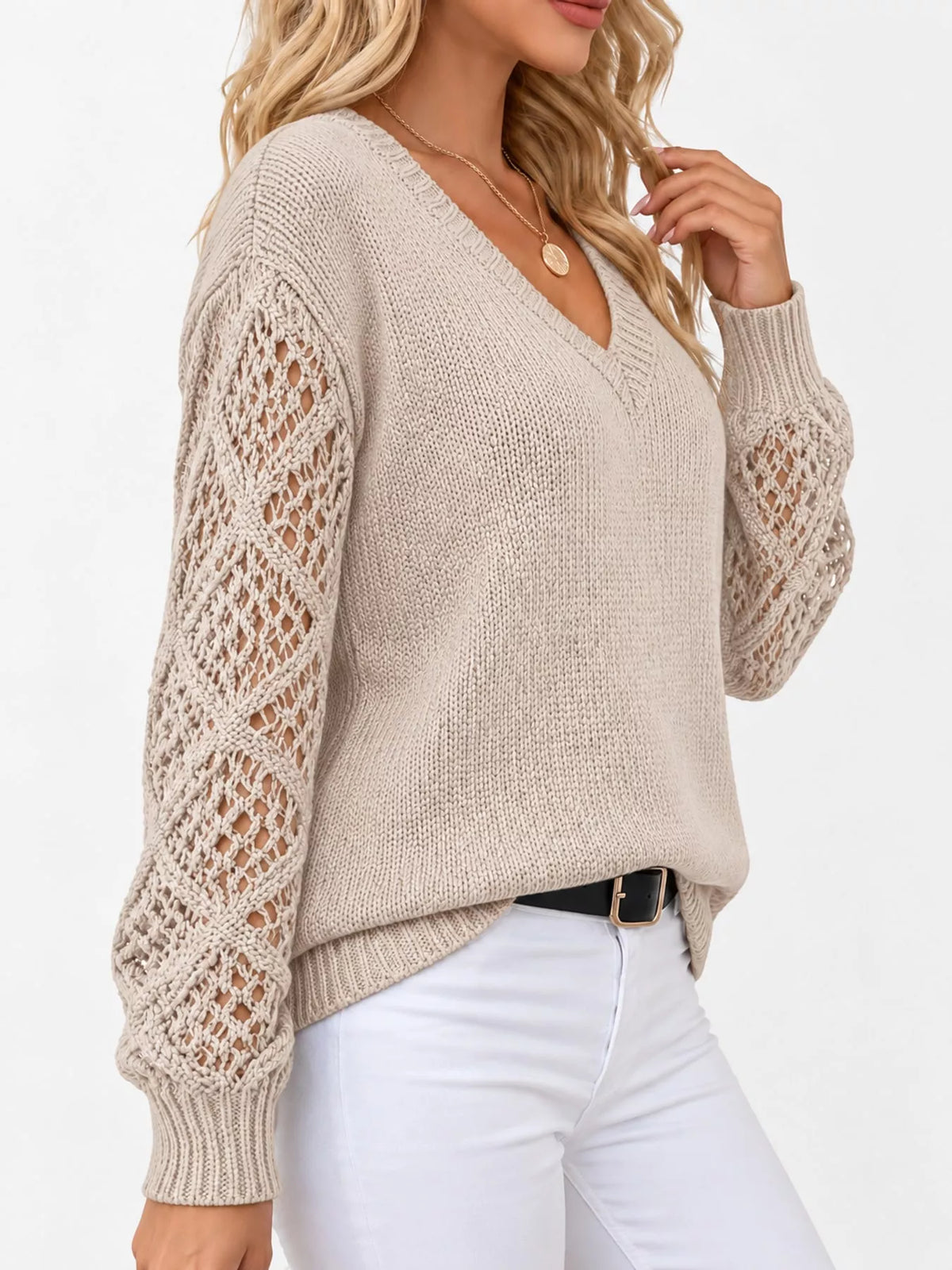 Beige v neck openwork long sleeve sweater, side view