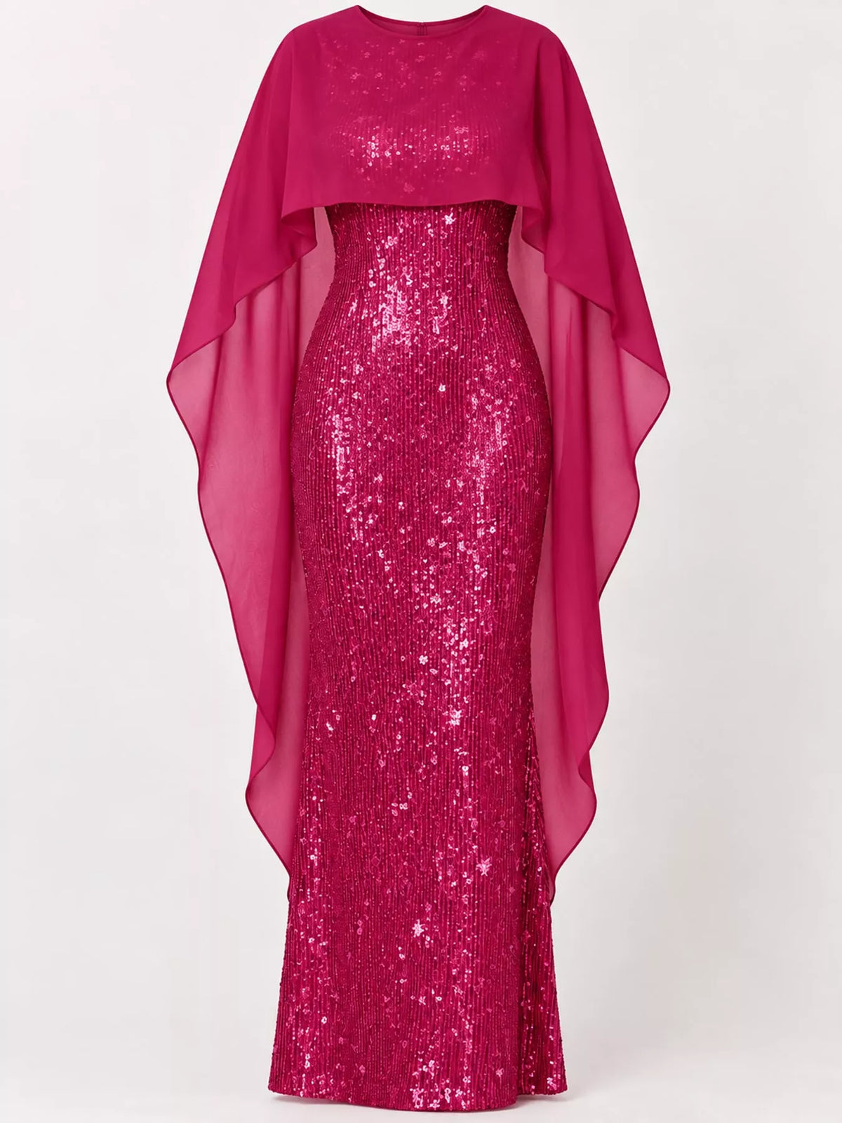 Women's Sequin Cape Overlay Evening Dress in fuchsia — flat lay view