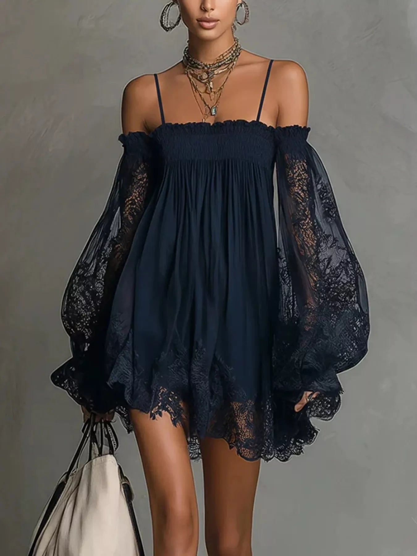 Trendsi Spaghetti Strap Lace Flounce Sleeve Mini Dress -