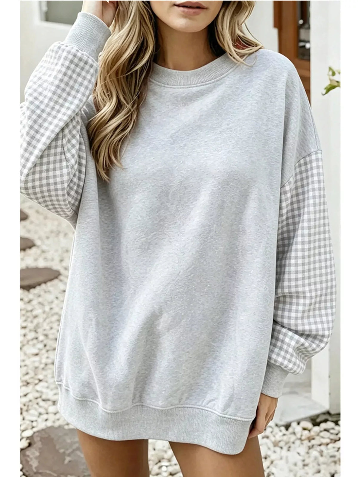 Gray and white gingham sleeve dropped shoulder sweatshirt, front view