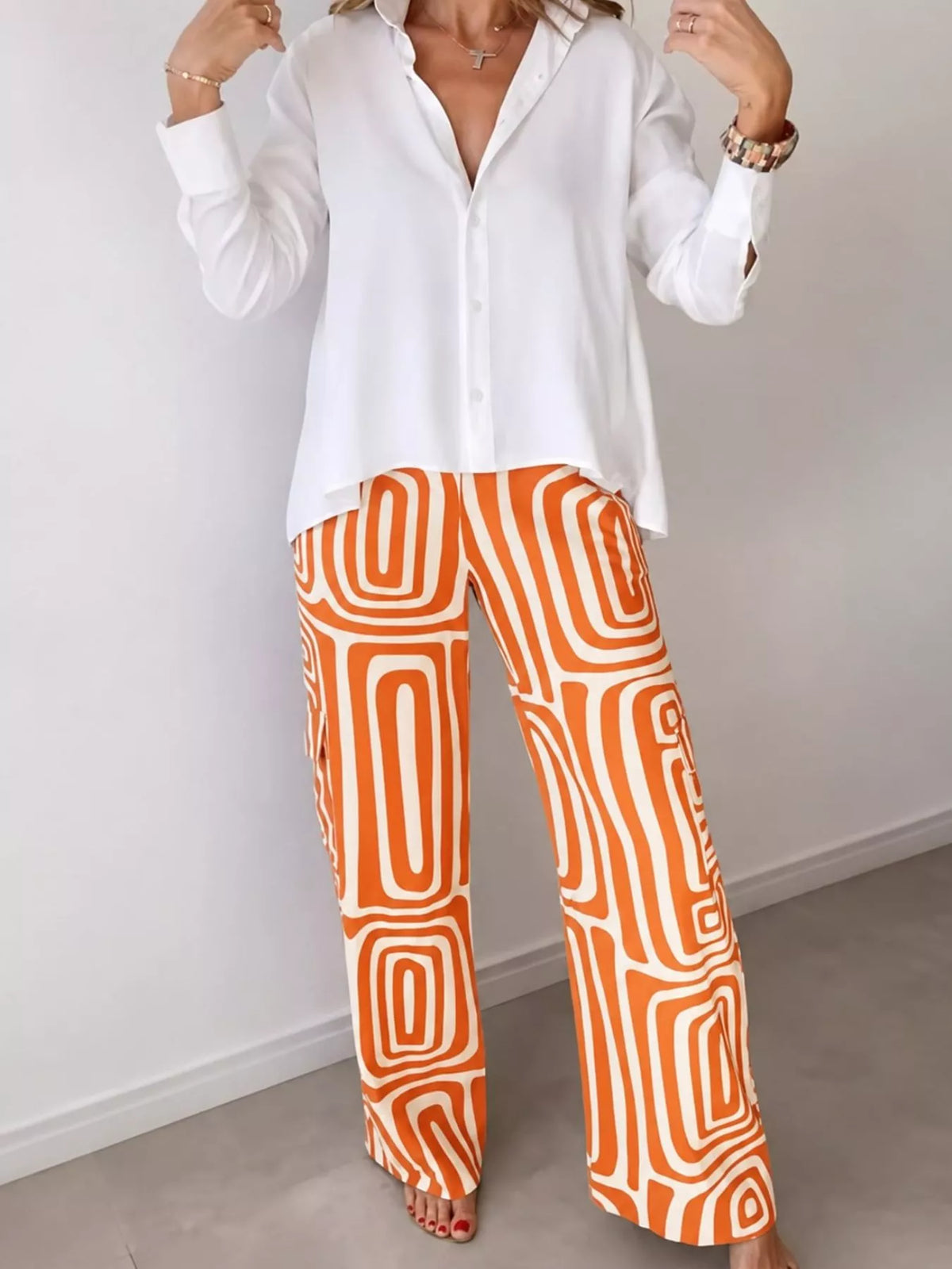 Shirt and geometric pants set, orange geometric pants set front