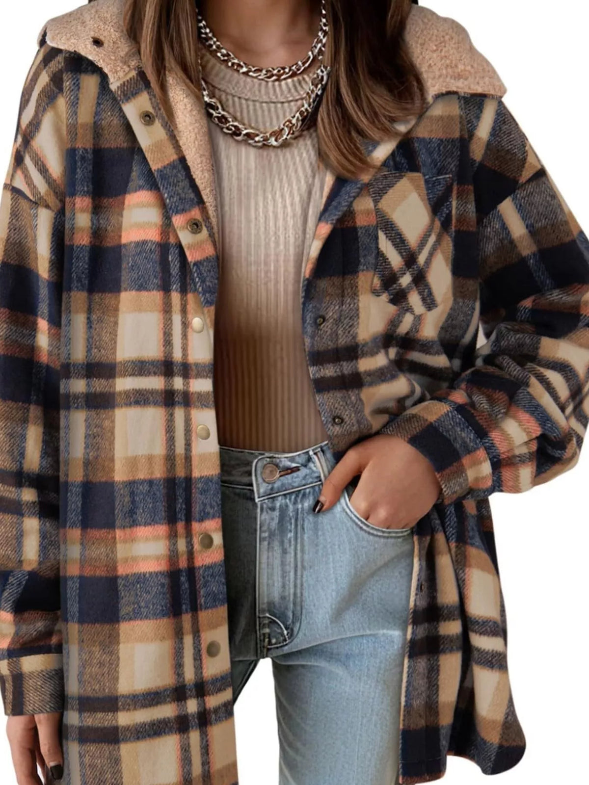 Coffee plaid hooded button up jacket