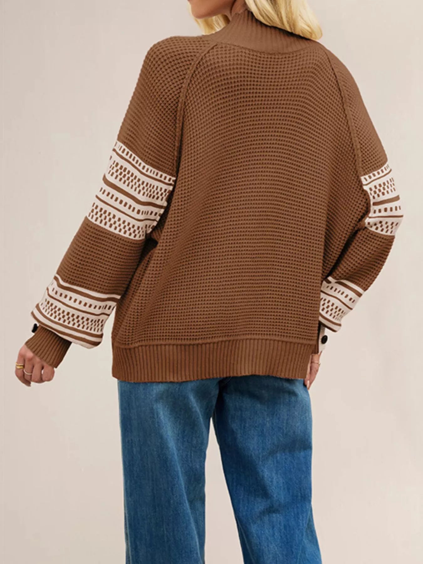Trendsi Color-Block Mock Neck Waffle Knit Sweater -