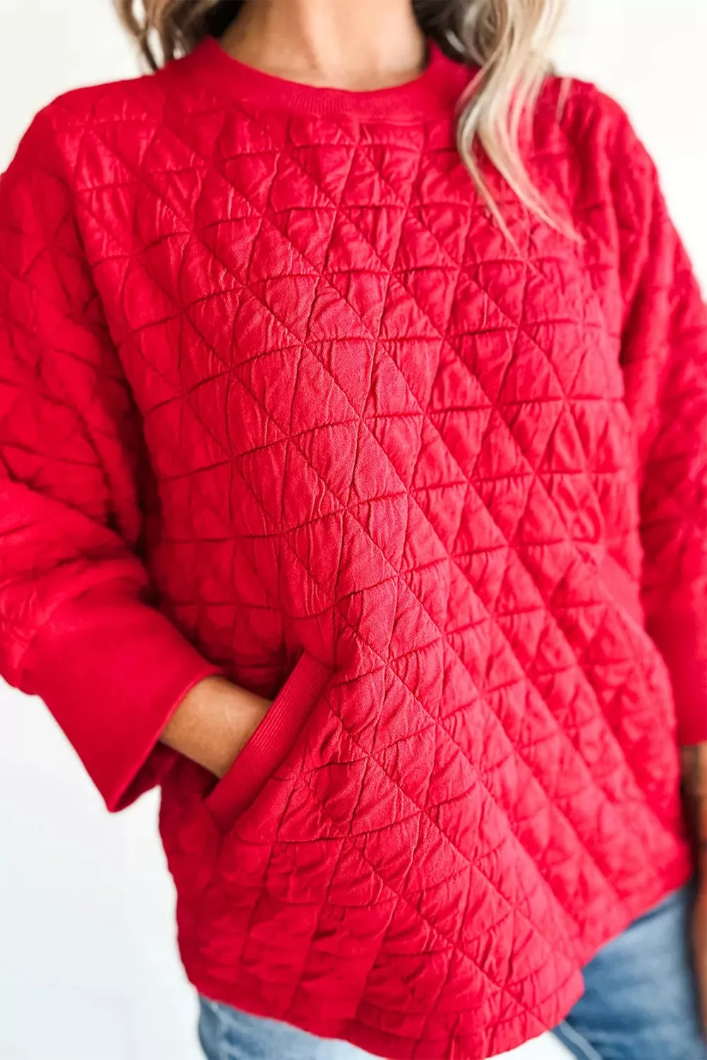 Quilted Pocket Sweatshirt in deep red, front view