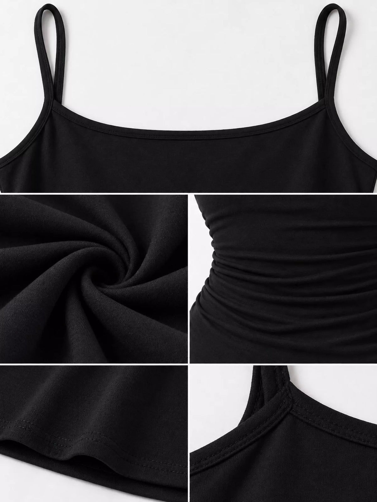 Black bodycon spaghetti strap maxi dress, detail view